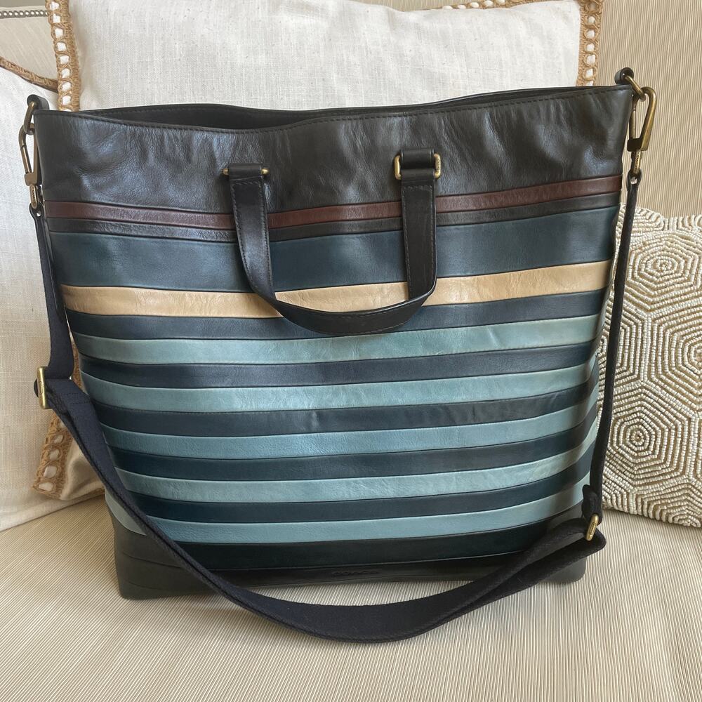 Rare Coach Bleecker 71197 XL Bar Stripe Leather Day Tote Blue Multi Brass